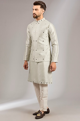Sage Green Raw Silk MIrror Embroidered Bundi Jacket Set by RNG Safawala Men