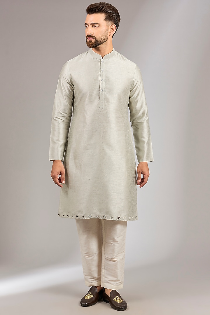 Sage Green Raw Silk MIrror Embroidered Bundi Jacket Set by RNG Safawala Men at Pernia's Pop Up Shop