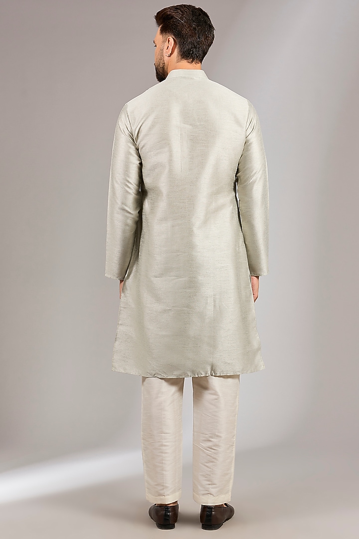 Sage Green Raw Silk MIrror Embroidered Bundi Jacket Set by RNG Safawala Men at Pernia's Pop Up Shop