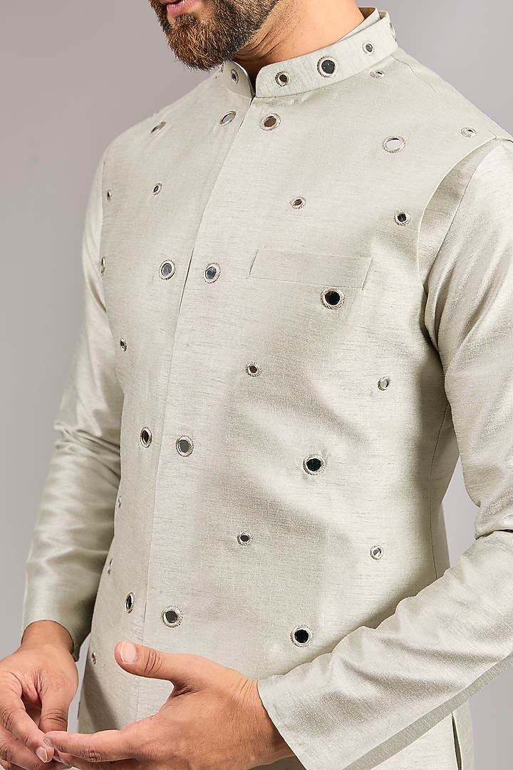 Sage Green Raw Silk MIrror Embroidered Bundi Jacket Set by RNG Safawala Men at Pernia's Pop Up Shop
