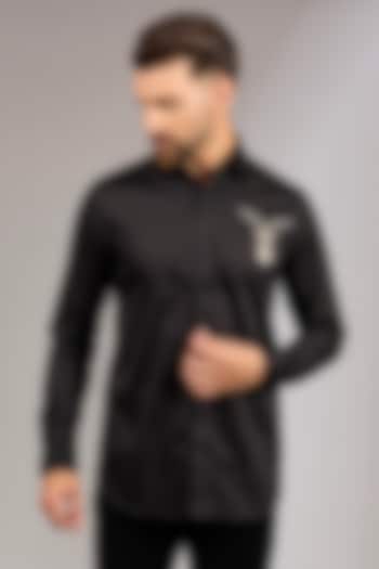 Black Crepe Silk Sequins Fawn Motif Embroidered Shirt by RNG Safawala Men