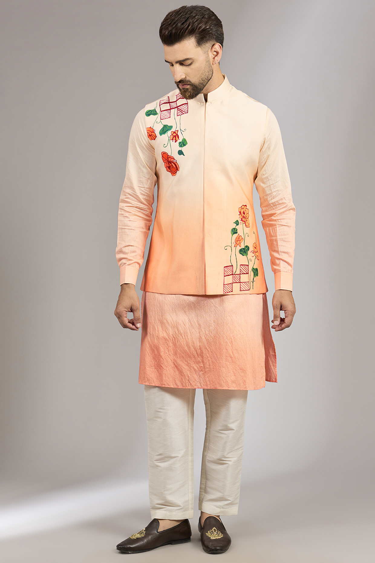 Peach Ombre Cotton Silk Floral Resham Embroidered Bundi Jacket Set by RNG Safawala Men