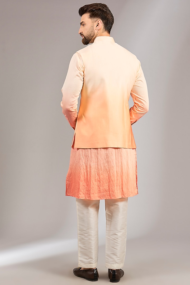 Peach Ombre Cotton Silk Floral Resham Embroidered Bundi Jacket Set by RNG Safawala Men at Pernia's Pop Up Shop