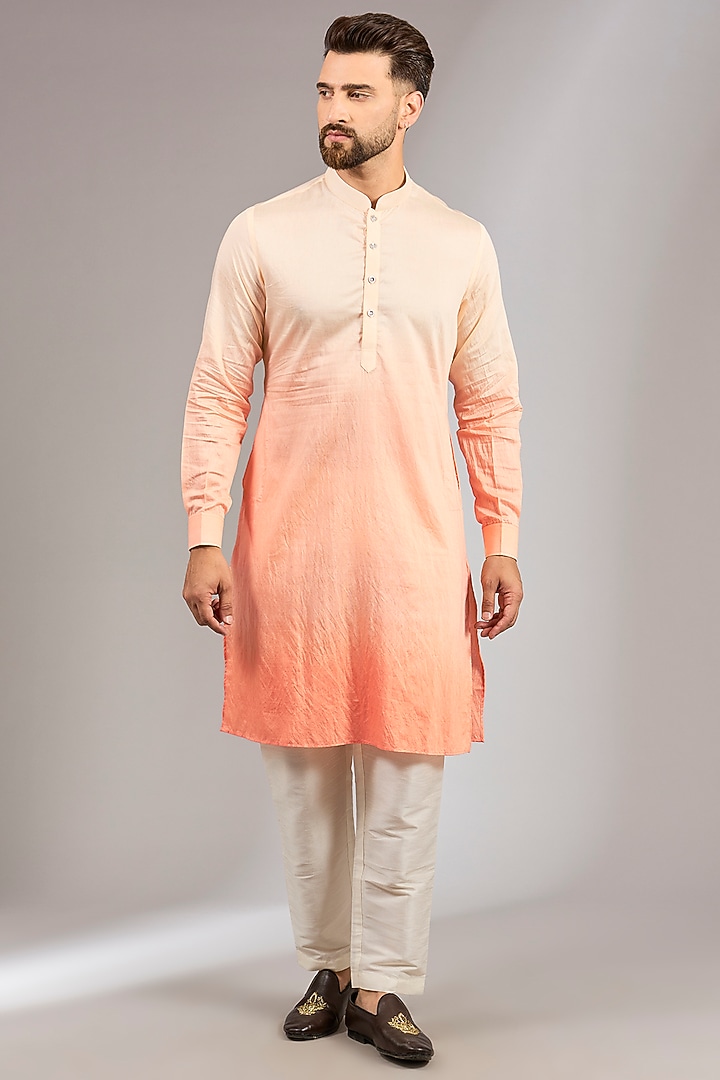 Peach Ombre Cotton Silk Floral Resham Embroidered Bundi Jacket Set by RNG Safawala Men at Pernia's Pop Up Shop