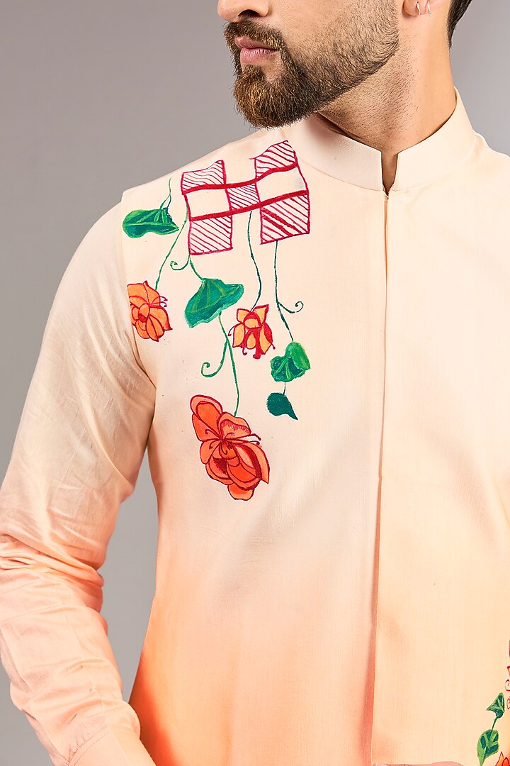Peach Ombre Cotton Silk Floral Resham Embroidered Bundi Jacket Set by RNG Safawala Men at Pernia's Pop Up Shop