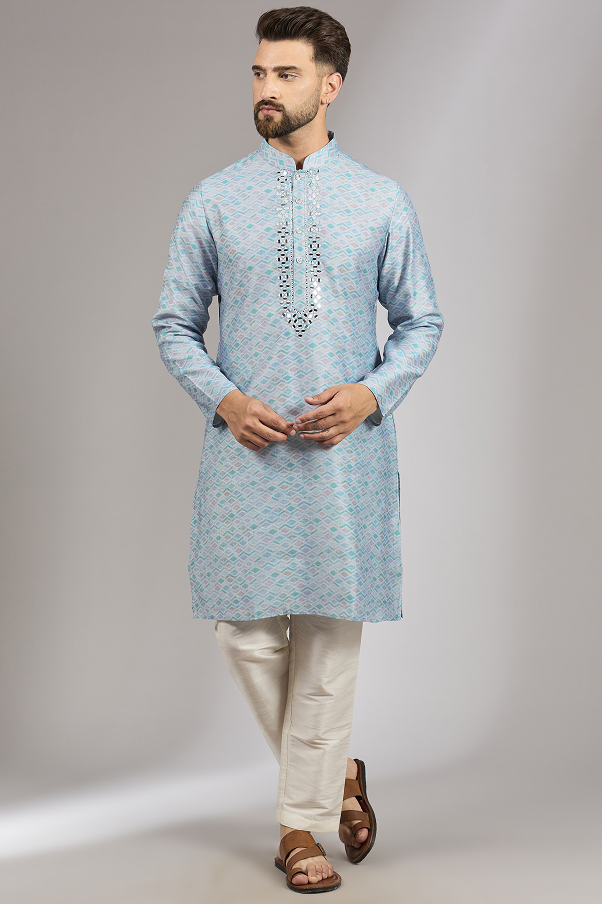 Blue Cotton Silk Diamond Printed Kurta Set by RNG Safawala Men