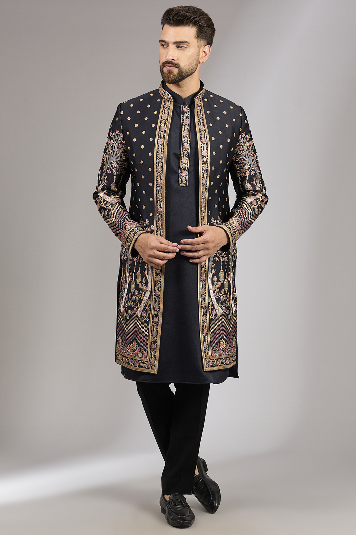 Black Raw Silk Sequins Embroidered Indo-Western Set by RNG Safawala Men