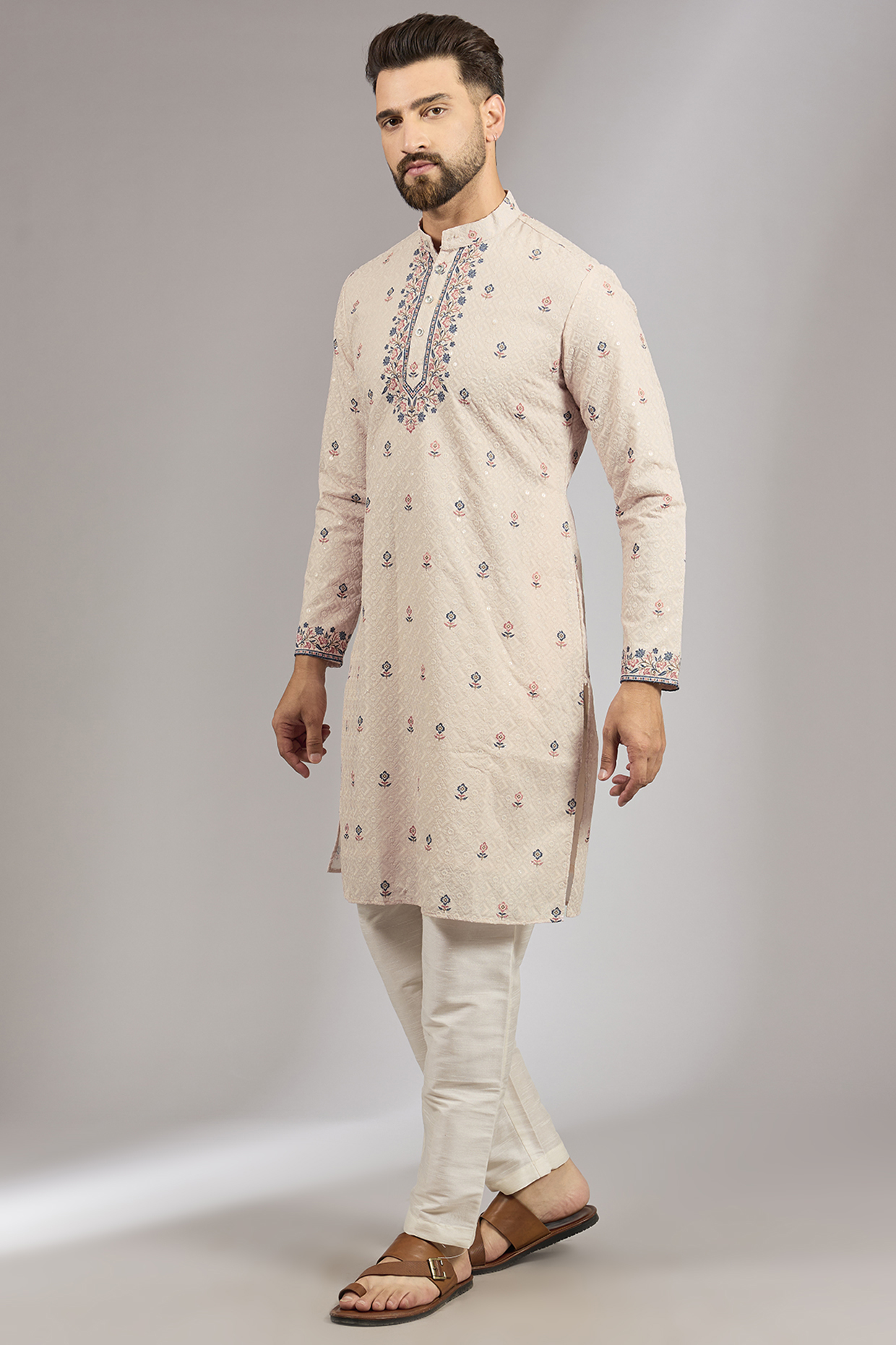 Pink Crepe Silk Paisley Printed Chikankari Kurta Set by RNG Safawala Men