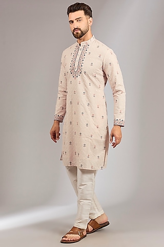 Pink Crepe Silk Paisley Printed Chikankari Kurta Set by RNG Safawala Men