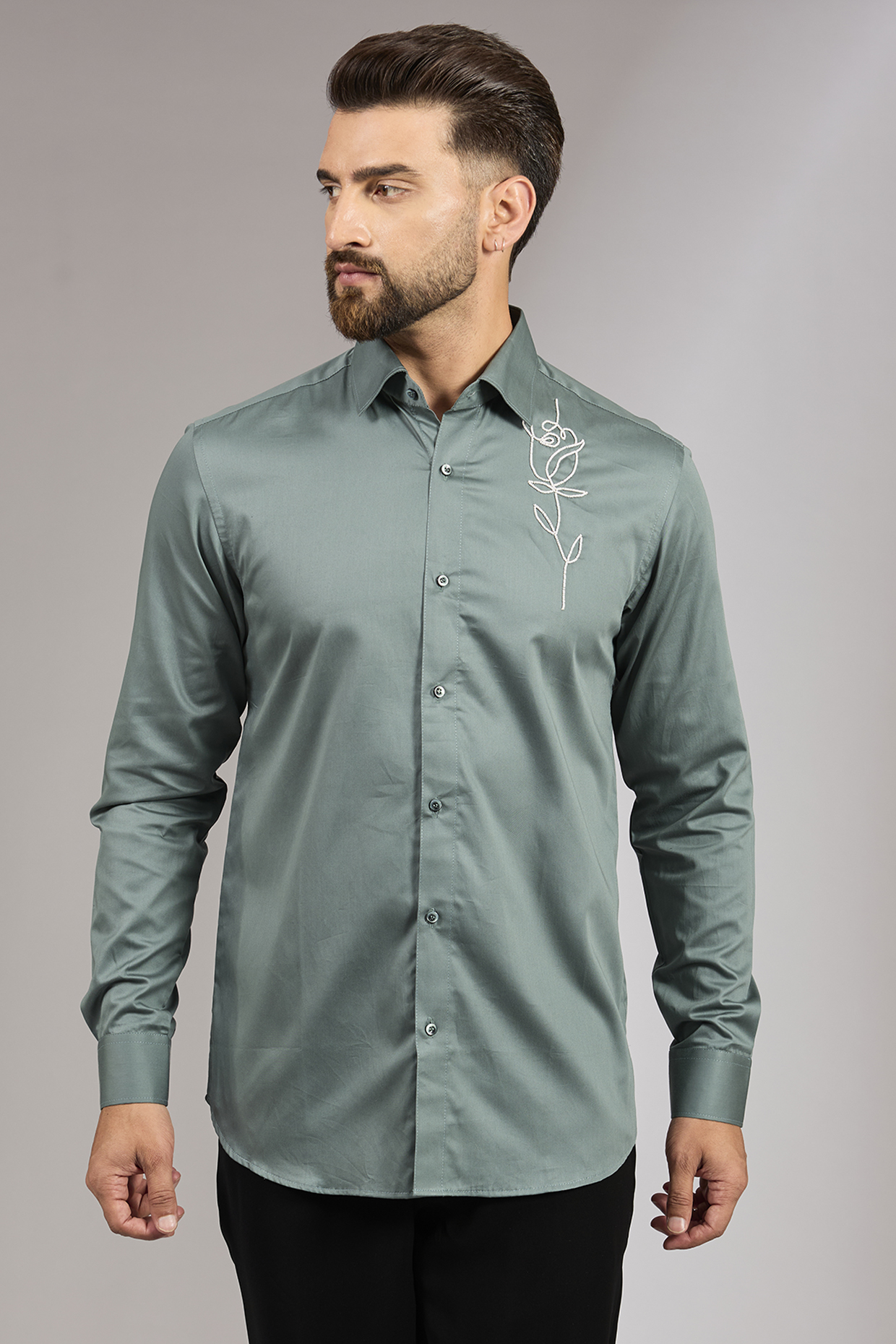 Green Crepe Silk Rose Motif Embroidered Shirt by RNG Safawala Men