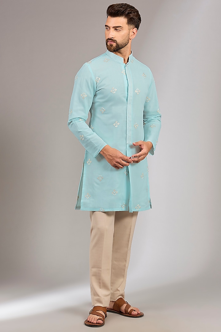 Sea Blue Georgette Sequins Embroidered Kurta by RNG Safawala Men