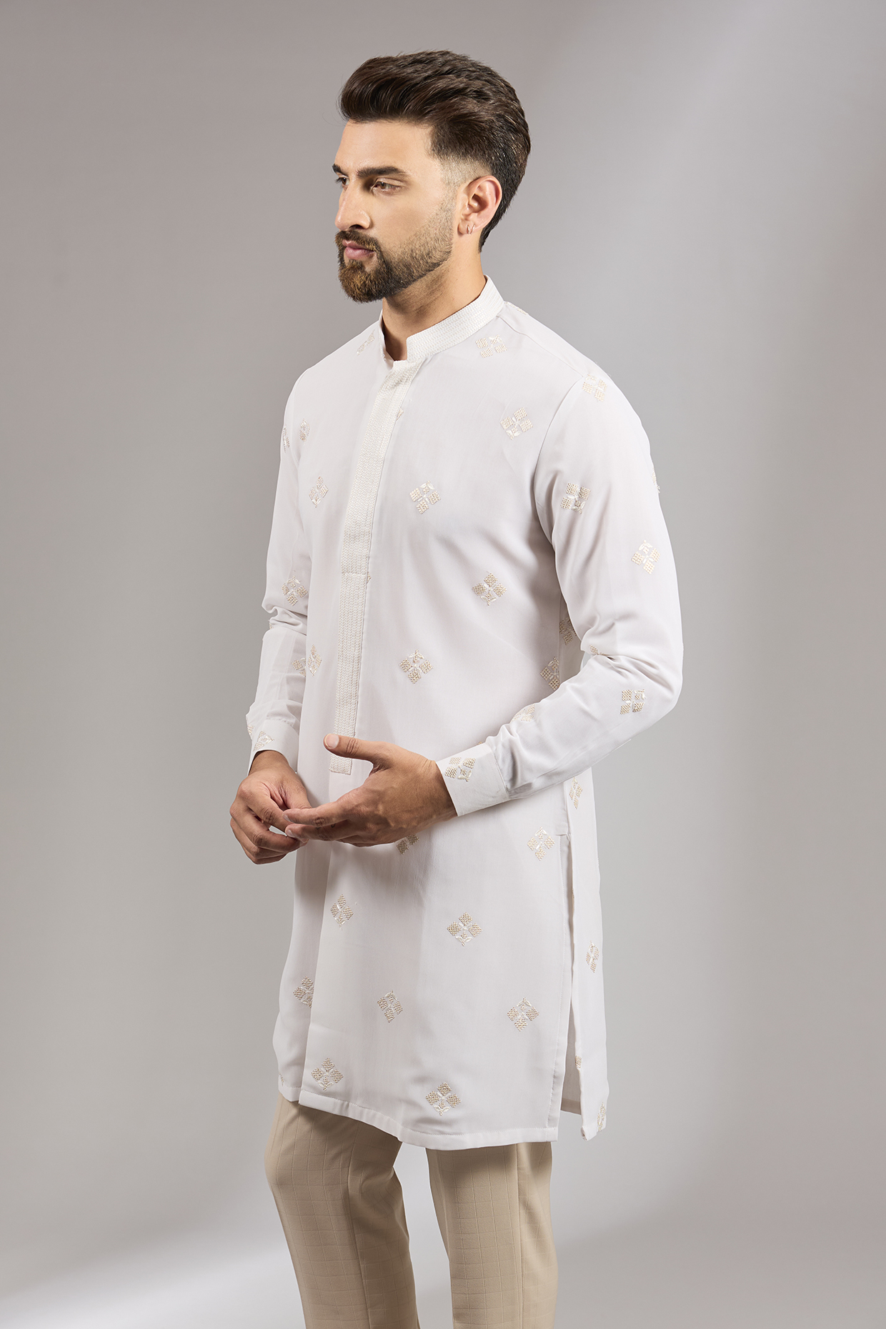 White Georgette Sequins Embroidered Kurta by RNG Safawala Men