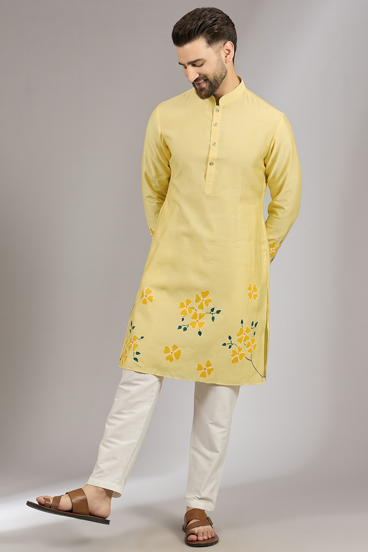 Yellow Cotton Silk Floral Motif Embroidered Kurta Set by RNG Safawala Men
