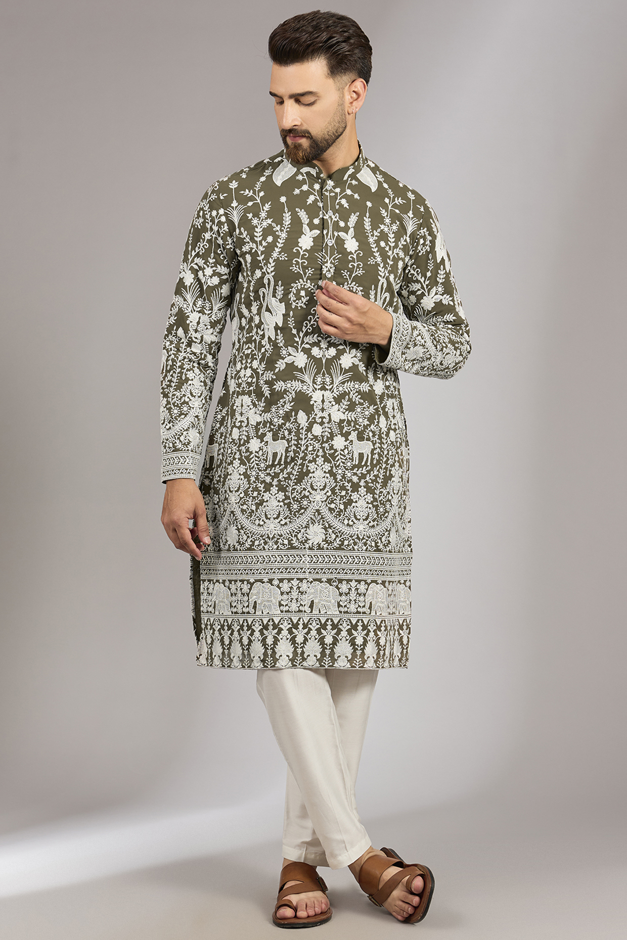 Olive Green Georgette Thread Embroidered Kurta Set by RNG Safawala Men