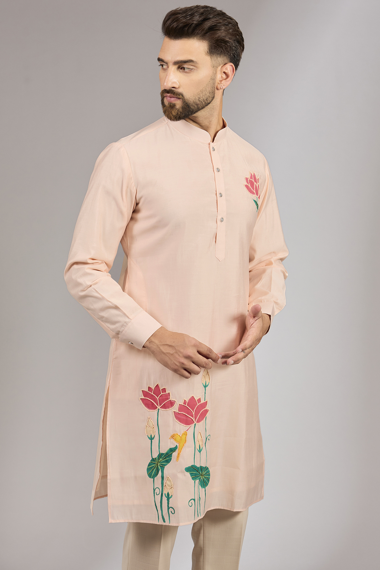 Pink Cotton Silk Floral Motif Embroidered Kurta by RNG Safawala Men