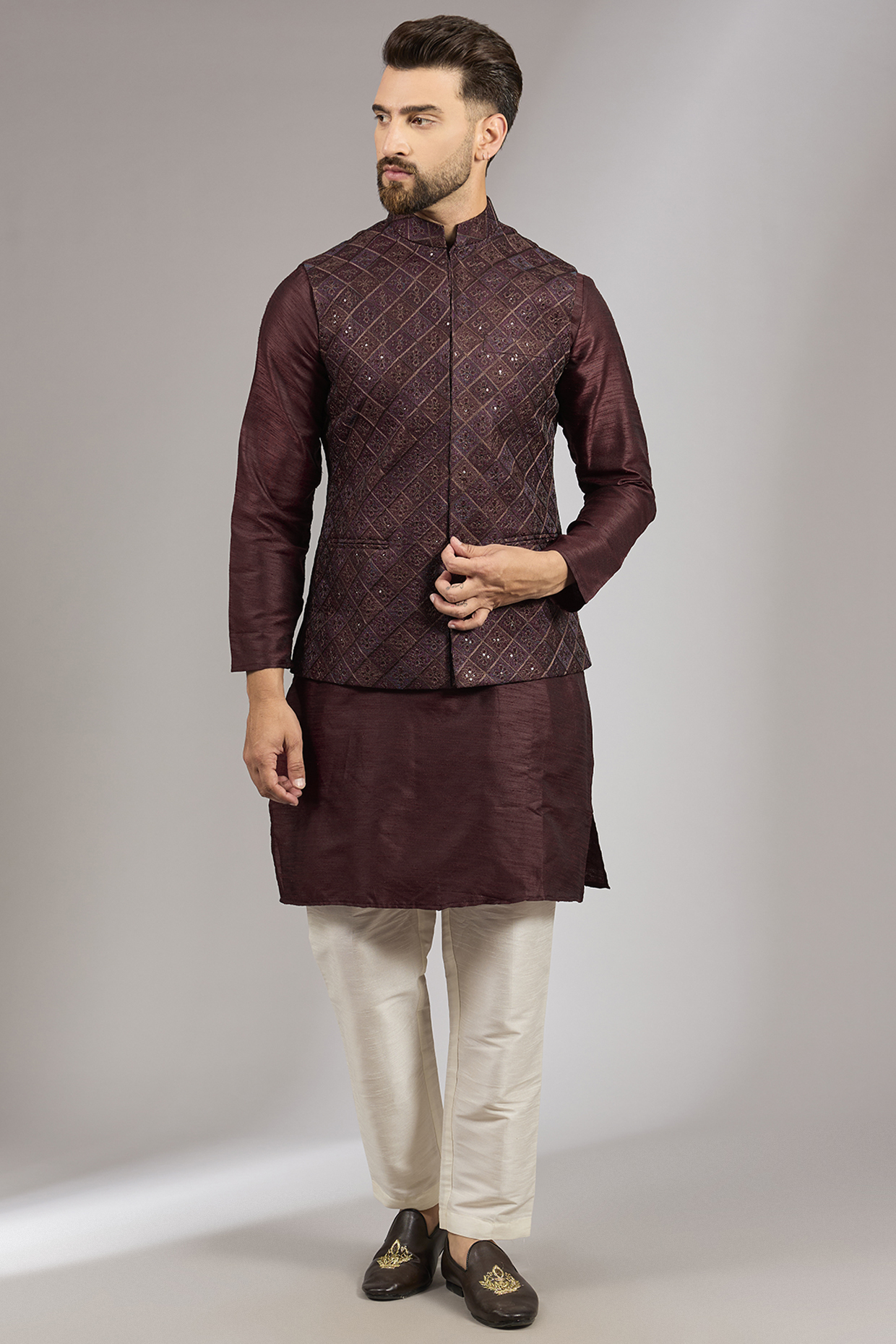 Maroon Raw Silk Sequins Embroidered Bundi Set by RNG Safawala Men