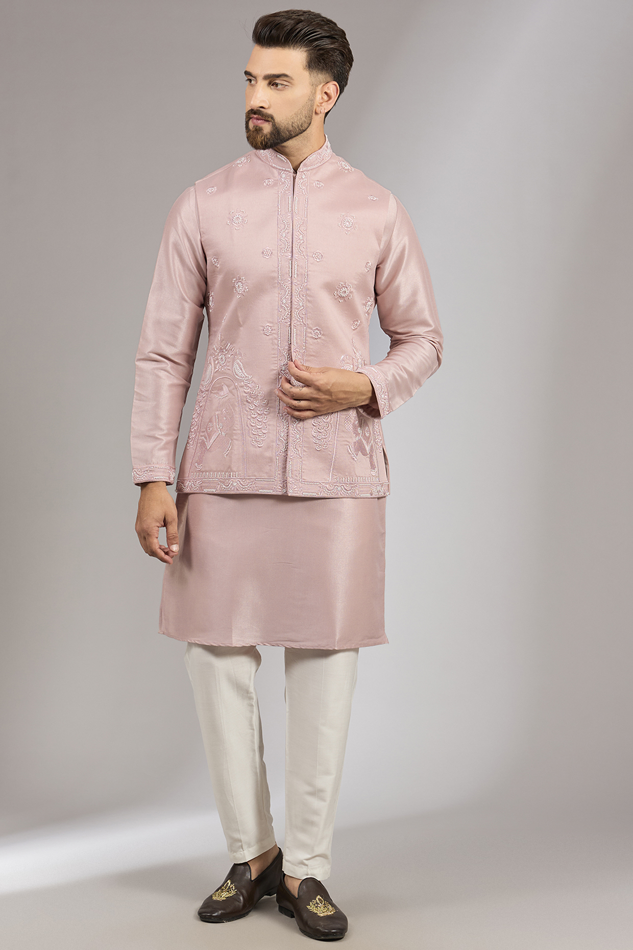 Pink Muslin Silk Cutdana Embroidered Bundi Set by RNG Safawala Men