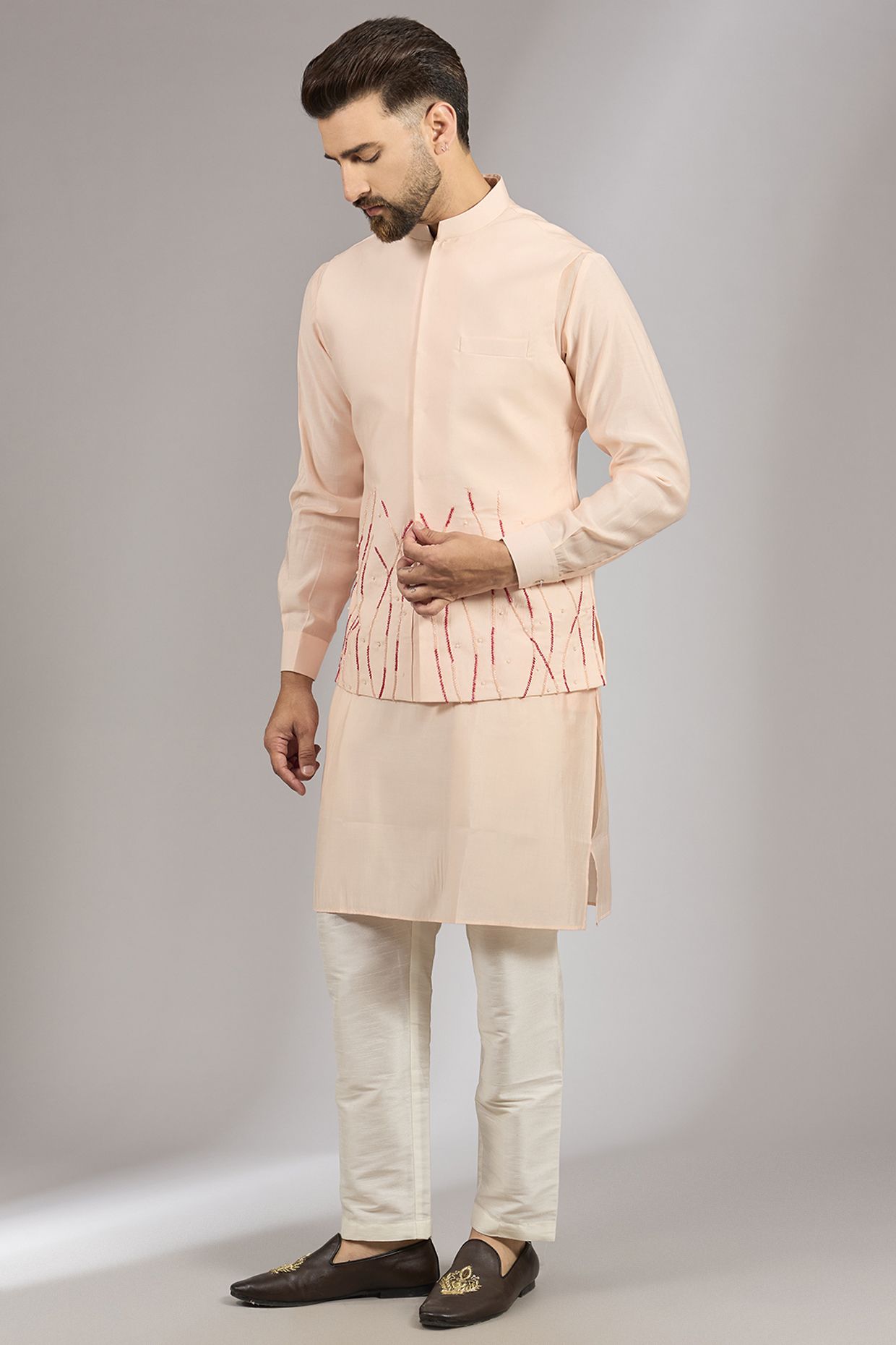 Pink Ombre Cotton Silk Cutdana Embroidered Bundi Set by RNG Safawala Men
