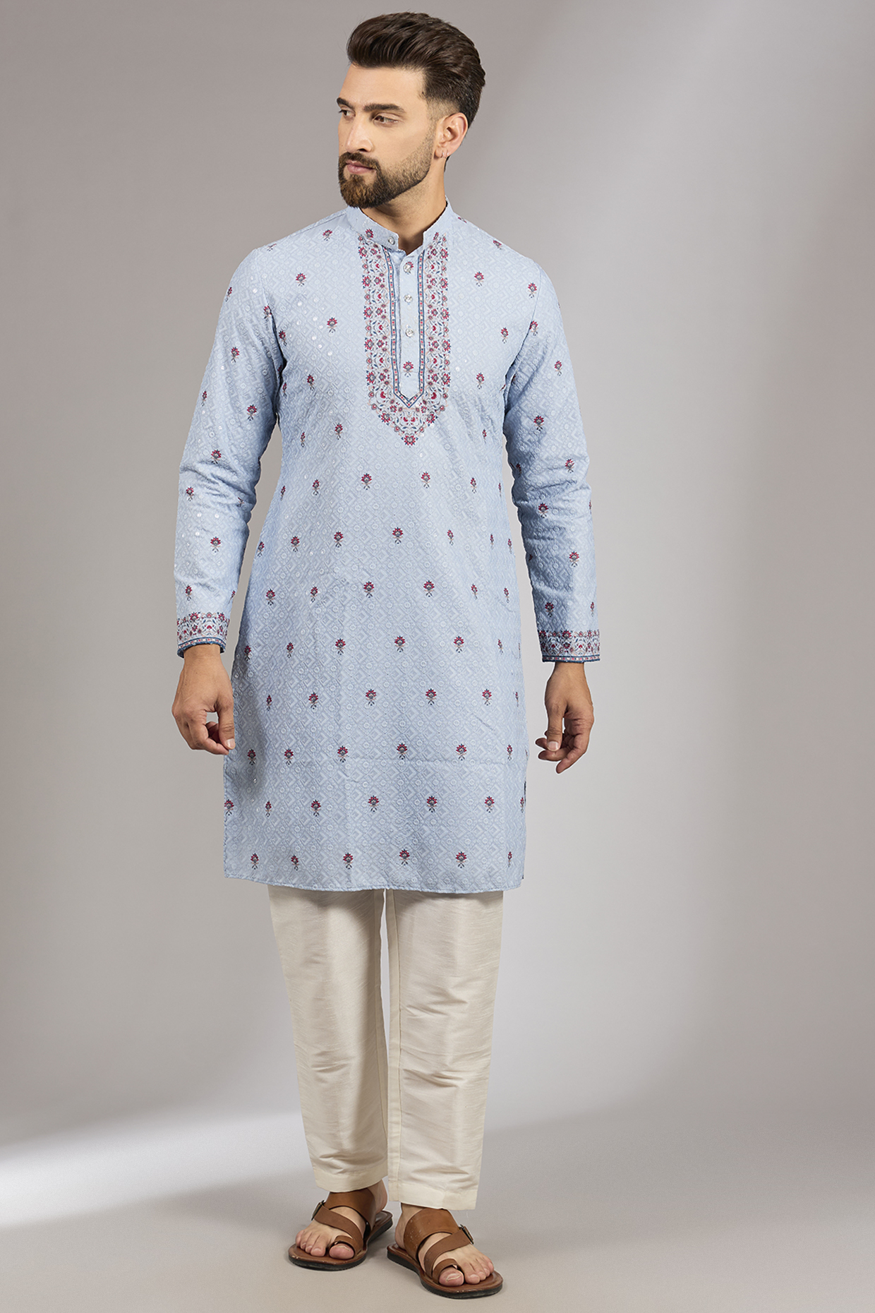 Powder Blue Crepe Silk Paisley Printed Kurta Set by RNG Safawala Men
