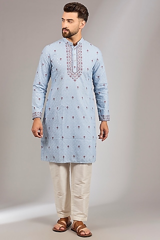 Powder Blue Crepe Silk Paisley Printed Kurta Set by RNG Safawala Men