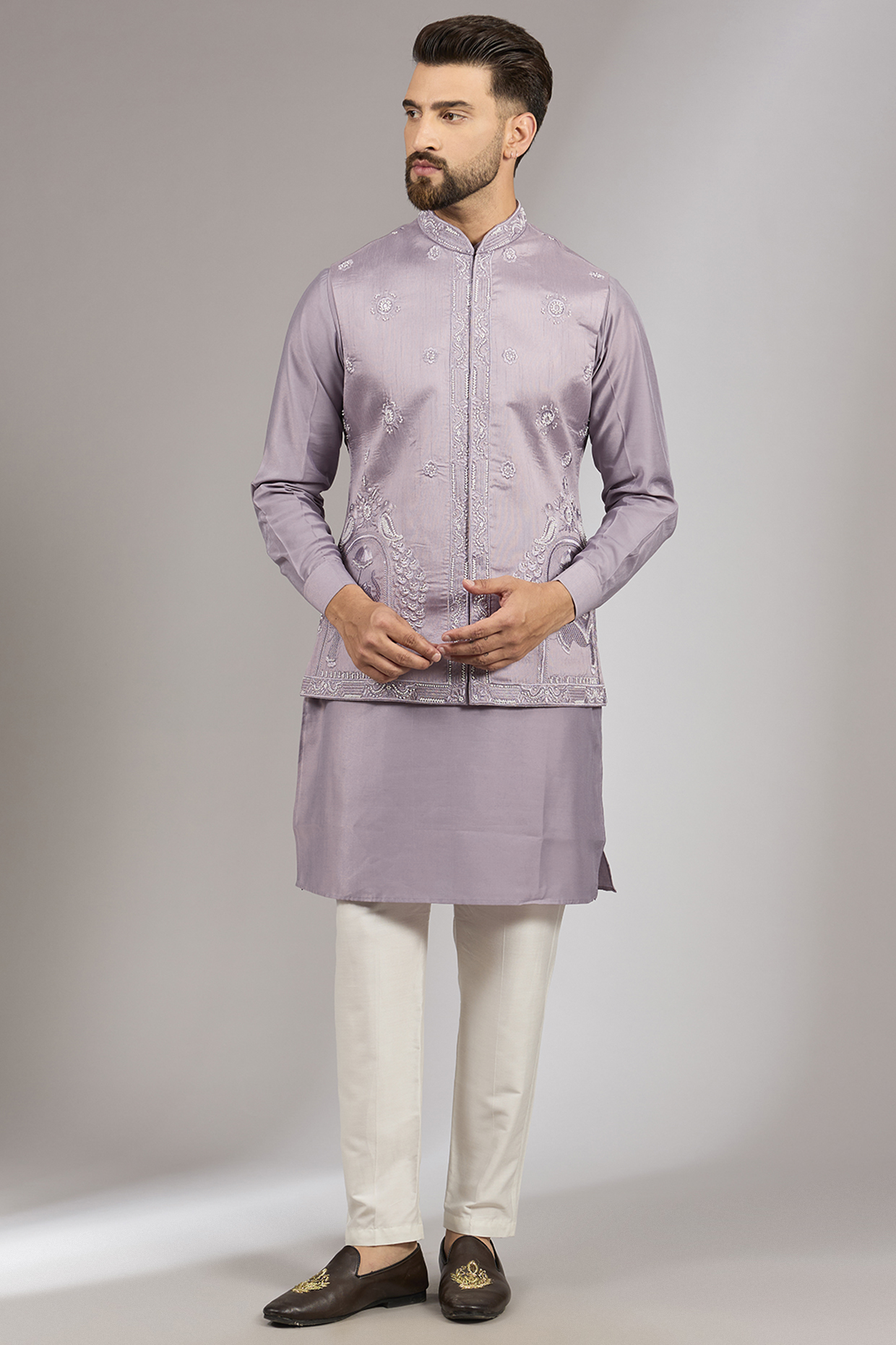 Lilac Cotton Silk Cutdana Embroidered Bundi Set by RNG Safawala Men