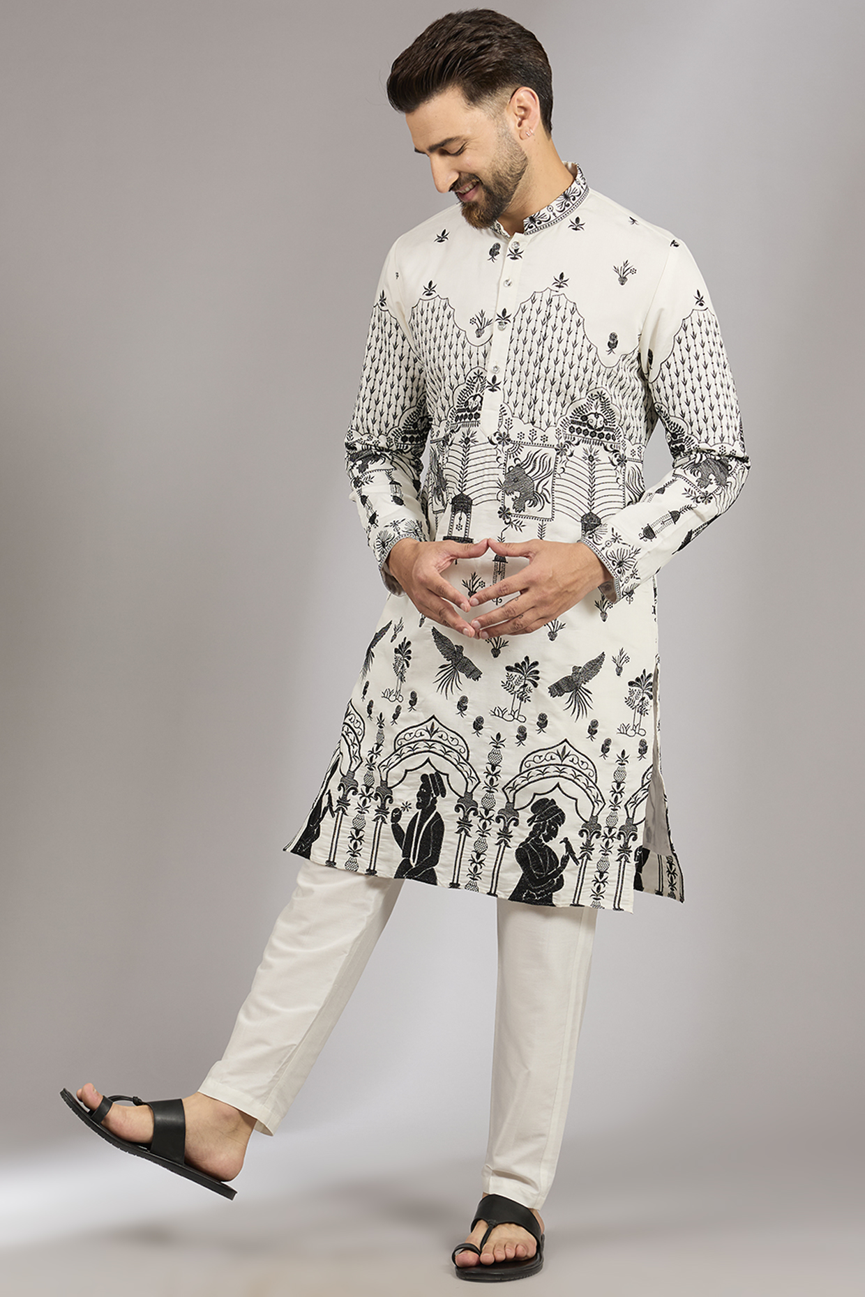 Off-White Cotton Silk Black Thread Embroidered Kurta Set by RNG Safawala Men