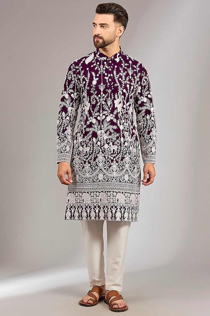 Purple Georgette Thread Embroidered Kurta Set by RNG Safawala Men