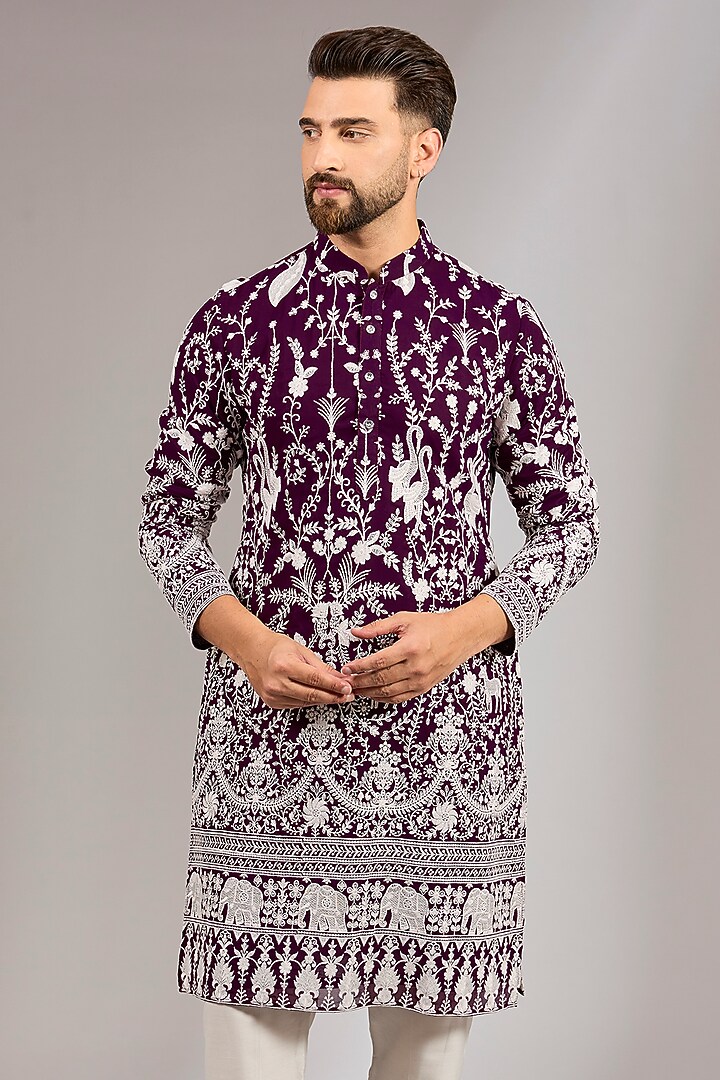Purple Georgette Thread Embroidered Kurta Set by RNG Safawala Men at Pernia's Pop Up Shop