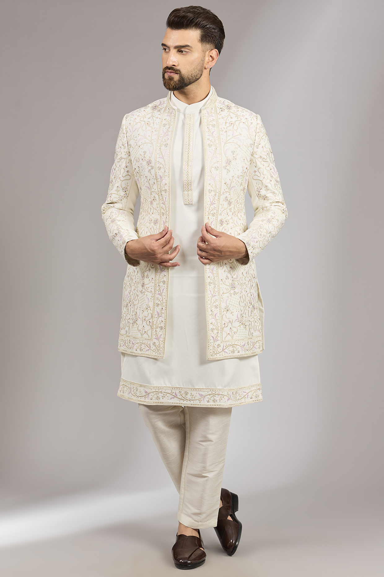 Off-White Raw Silk Resham Embroidered Indo-Western Jacket Set by RNG Safawala Men
