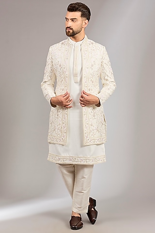 Off-White Raw Silk Resham Embroidered Indo-Western Jacket Set by RNG Safawala Men
