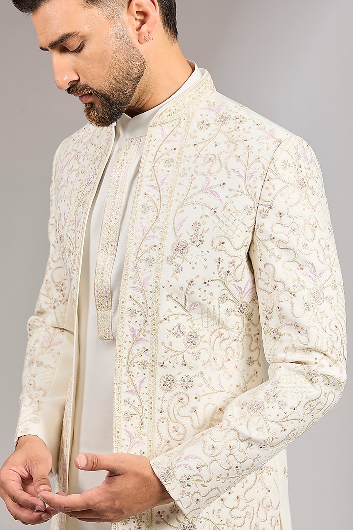 Off-White Raw Silk Resham Embroidered Indo-Western Jacket Set by RNG Safawala Men at Pernia's Pop Up Shop