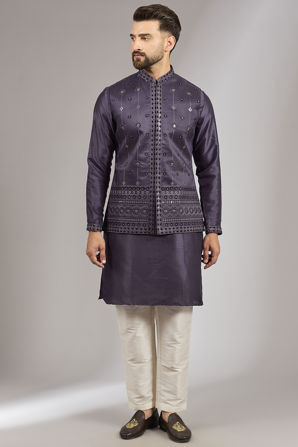 Purple Muslin Silk Cutdana Embroidered Bundi Set by RNG Safawala Men