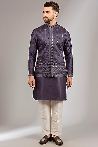 Purple Muslin Silk Cutdana Embroidered Bundi Set by RNG Safawala Men