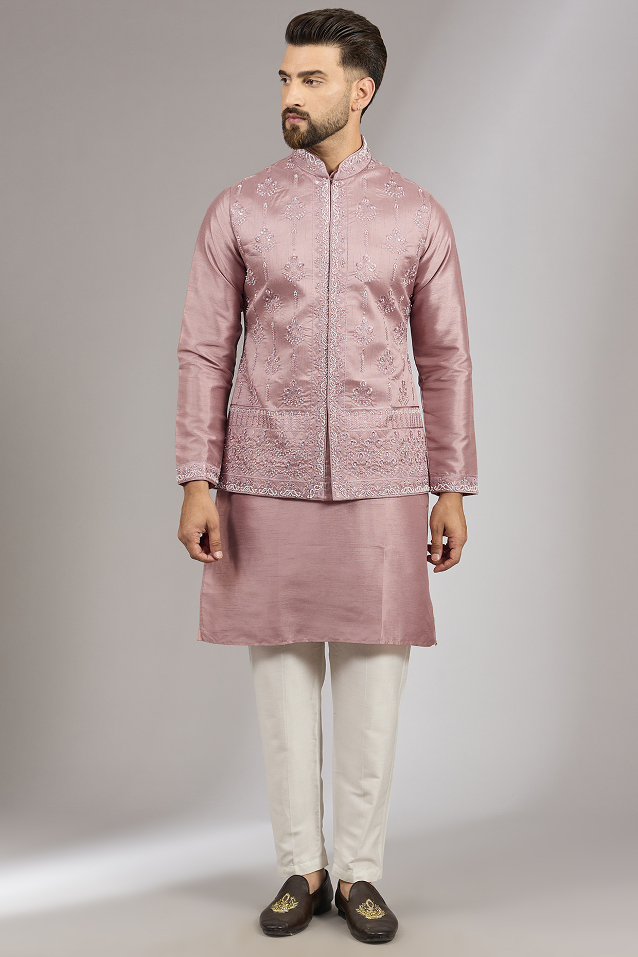 Mauve Pink Muslin Silk Cutdana Embroidered Bundi Set by RNG Safawala Men
