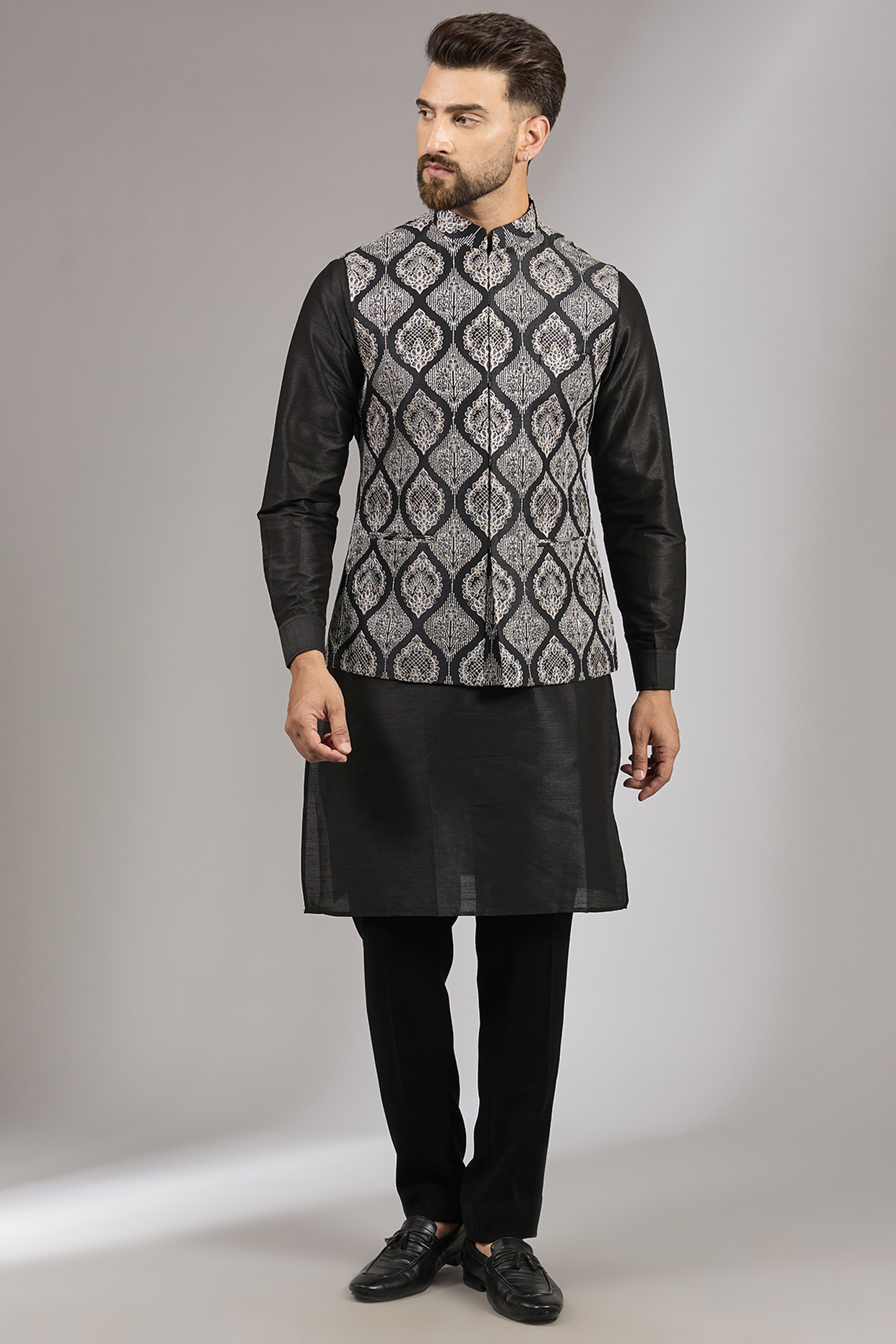 Black Raw Silk Sequins Embroidered Bundi Set by RNG Safawala Men