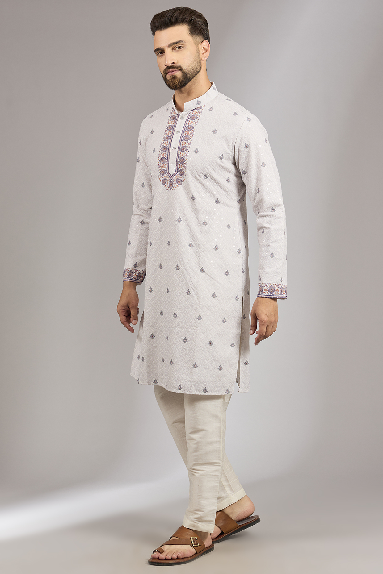 Off-White Crepe Silk Paisley Printed Chikankari Kurta Set by RNG Safawala Men