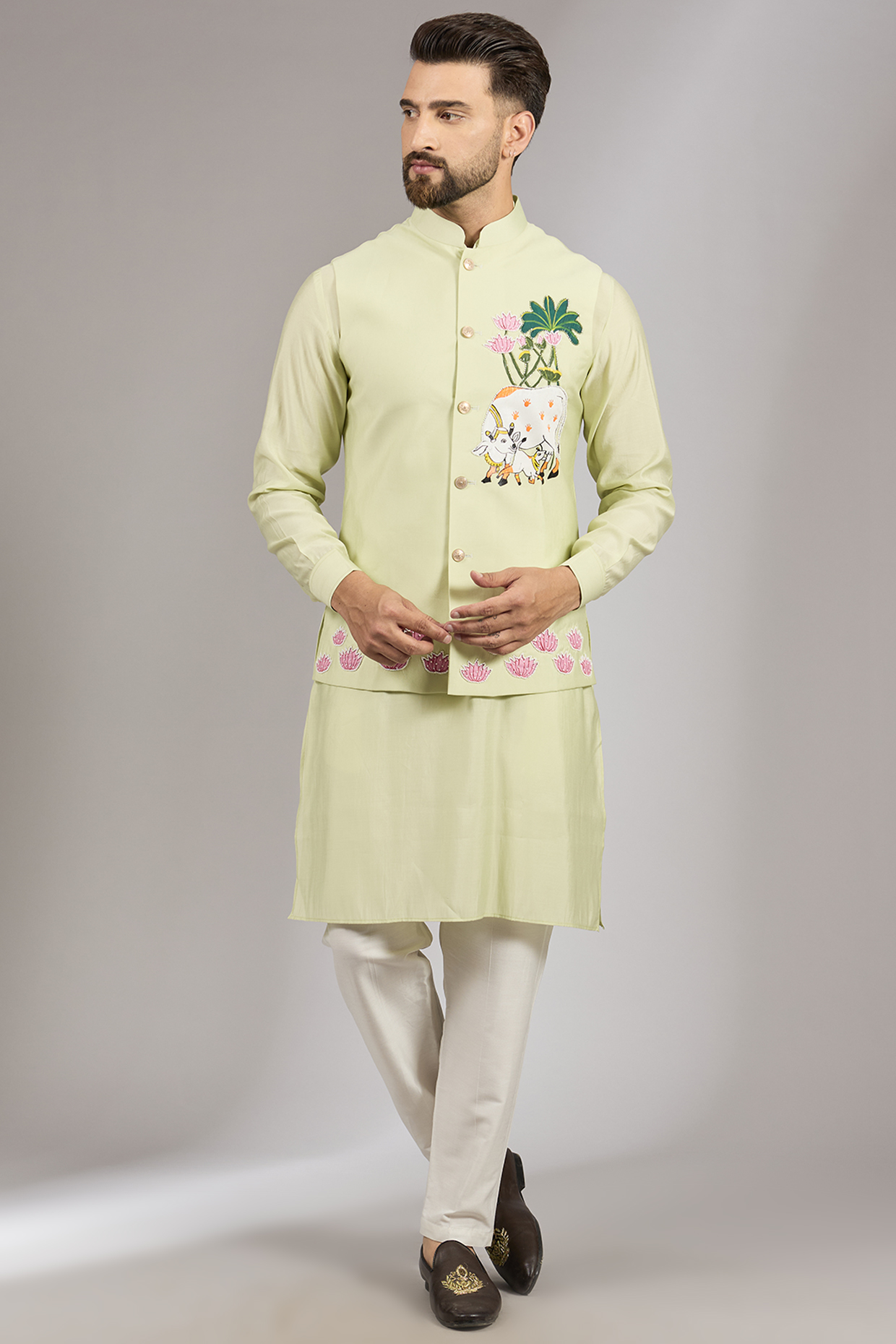 Pista Green Cotton Silk Gold Resham Embroidered Bundi Jacket Set by RNG Safawala Men