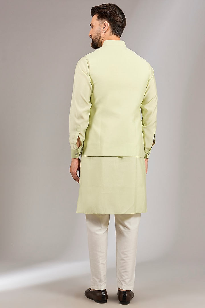 Pista Green Cotton Silk Gold Resham Embroidered Bundi Jacket Set by RNG Safawala Men at Pernia's Pop Up Shop