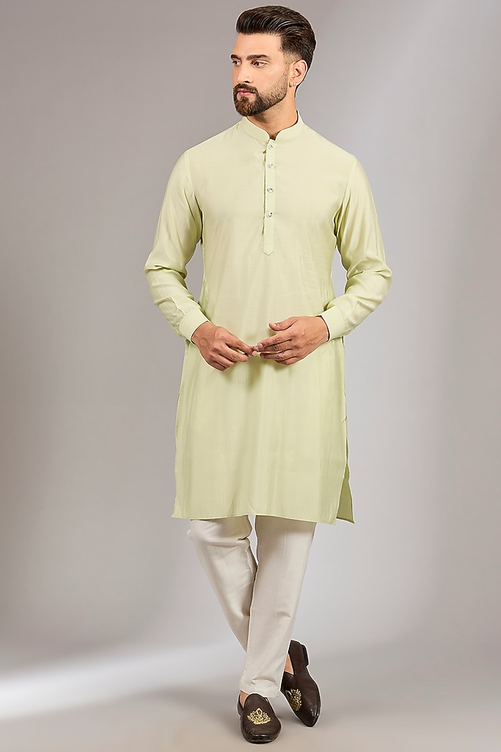 Pista Green Cotton Silk Gold Resham Embroidered Bundi Jacket Set by RNG Safawala Men at Pernia's Pop Up Shop