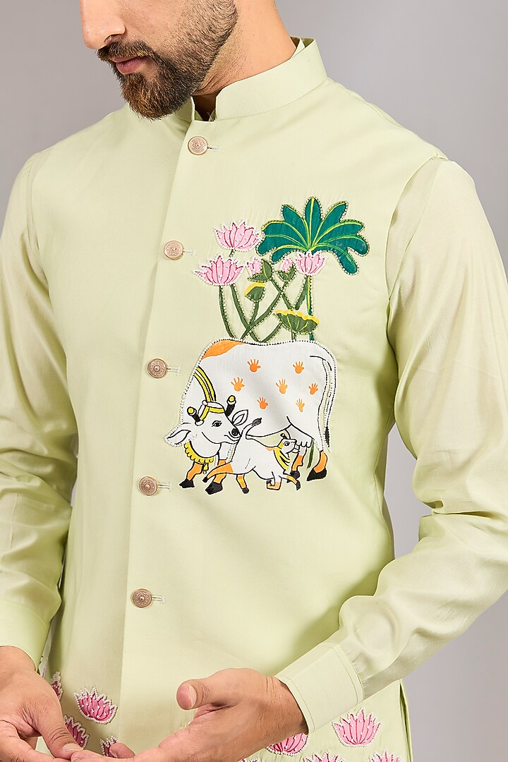 Pista Green Cotton Silk Gold Resham Embroidered Bundi Jacket Set by RNG Safawala Men at Pernia's Pop Up Shop