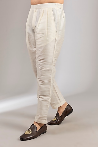 Cream Dupion Silk Pencil Pants by RNG Safawala Men