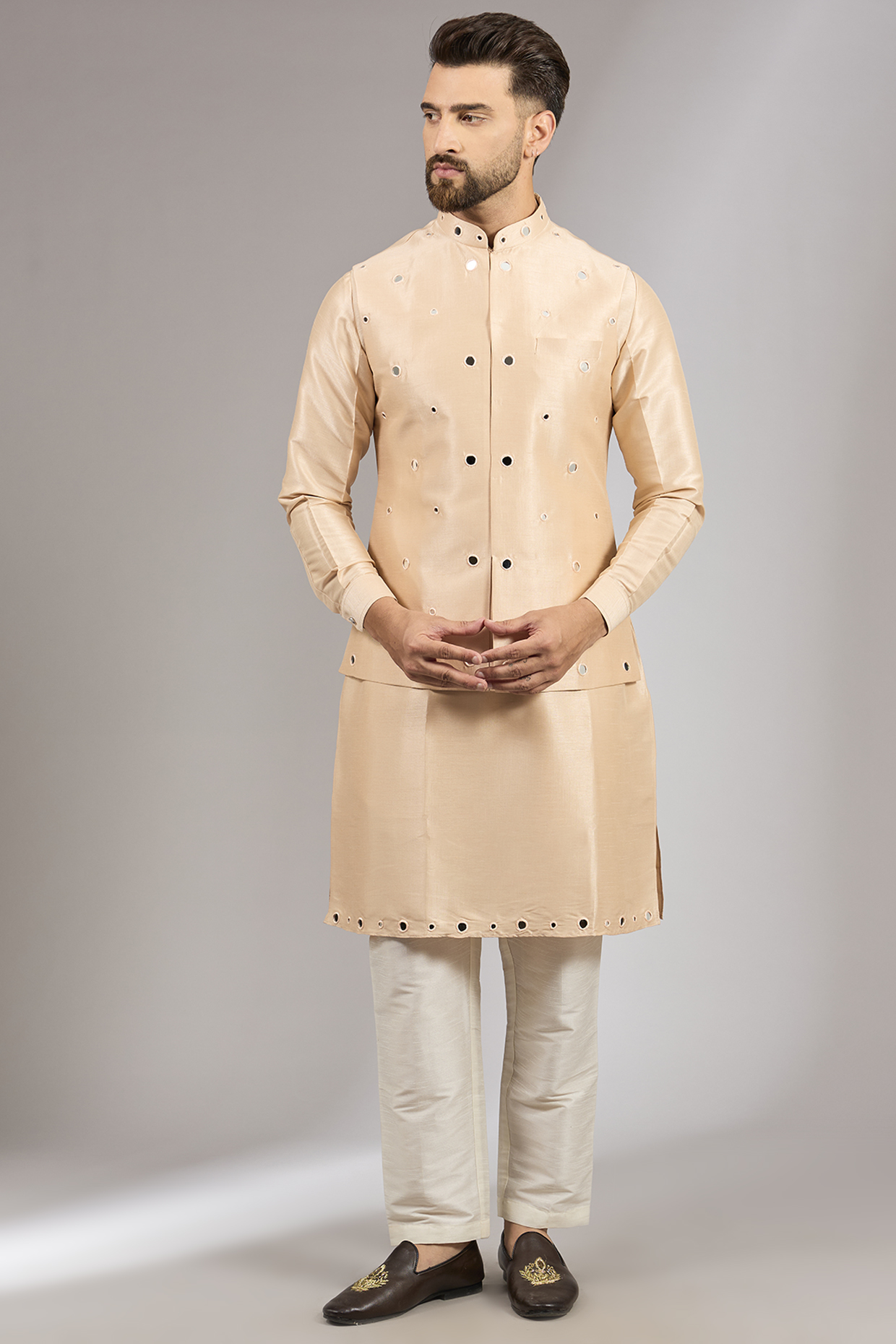 Peach Raw Silk Mirror Embroidered Bundi Set by RNG Safawala Men