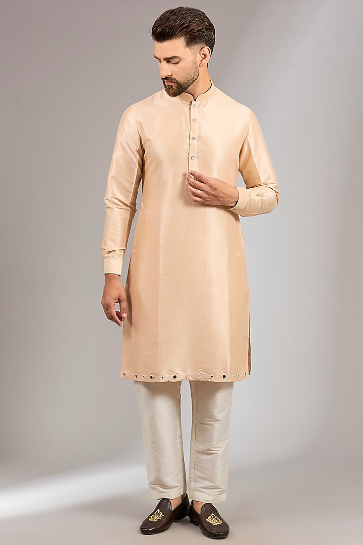 Peach Raw Silk Mirror Embroidered Bundi Set by RNG Safawala Men at Pernia's Pop Up Shop