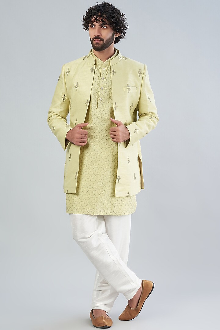 Pista Green Embroidered Wedding Indowestern Set by RNG Safawala Men at Pernia's Pop Up Shop