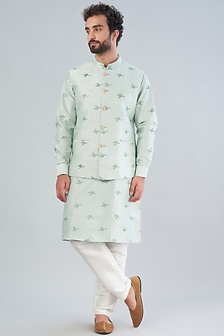 Sea Green Embroidered Bundi Jakcet with Kurta Set by RNG Safawala Men