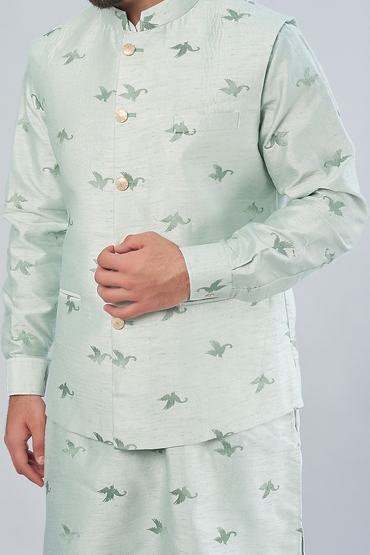 Sea Green Embroidered Bundi Jakcet with Kurta Set by RNG Safawala Men at Pernia's Pop Up Shop