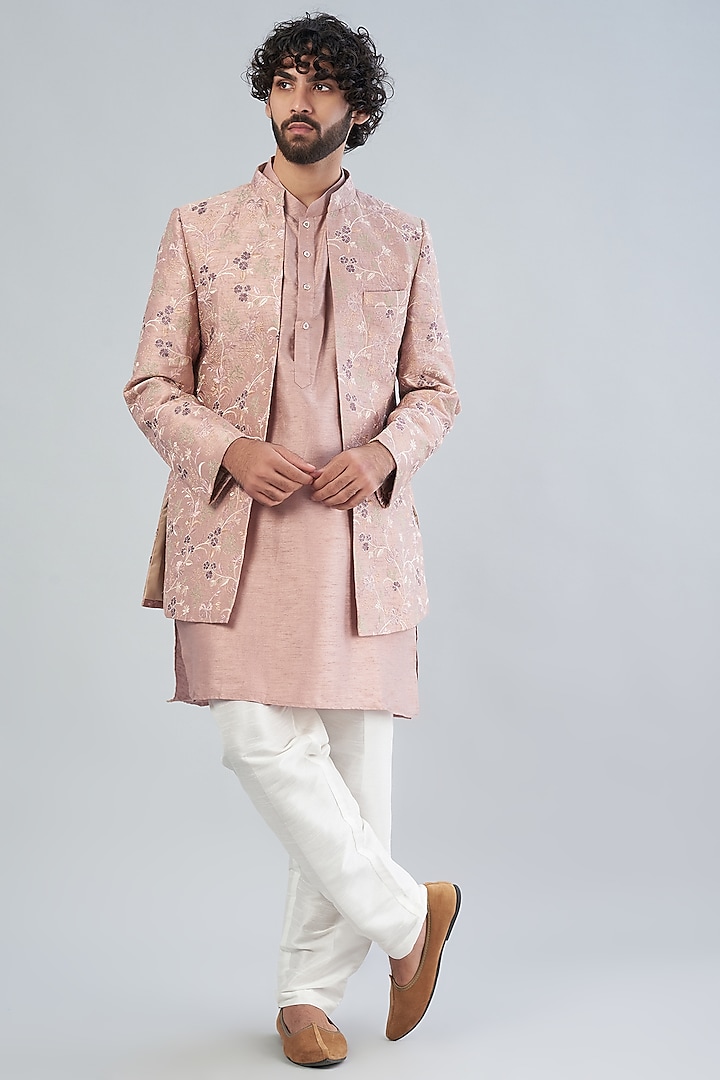 Dusty Pink Embroidered Wedding Indowestern Set by RNG Safawala Men at Pernia's Pop Up Shop