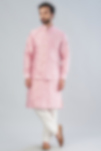 Pink Embroidered Bundi Jacket With Kurta Set by RNG Safawala Men