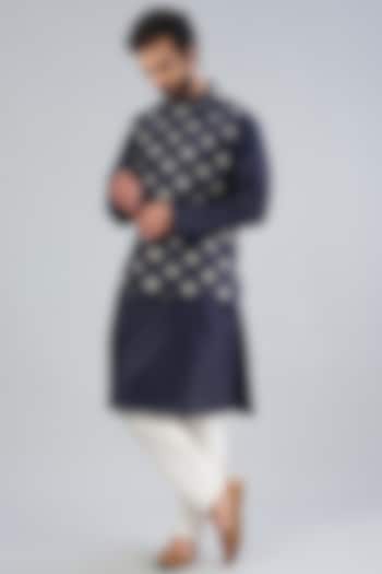 Royal Blue Embroidered Bundi Jacket With Kurta Set by RNG Safawala Men