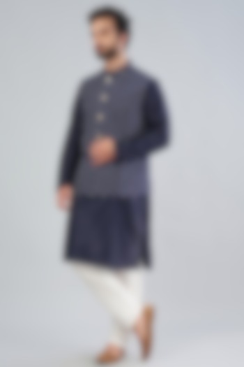 Royal Blue Zari Embroidered Bundi Jacket With Kurta Set by RNG Safawala Men